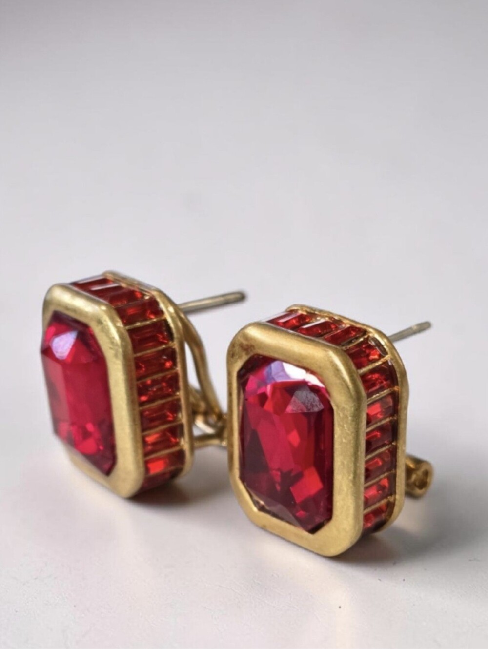 18k Gold Plated Cubed Ruby Red Crystal Omega Stud Earrings - Picture 3 of 5